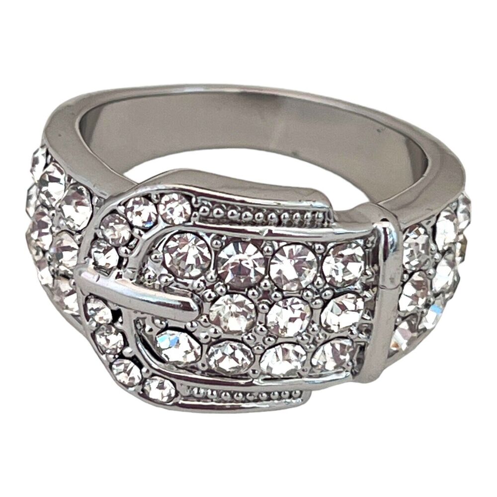 New Buckle Ring Size 11 Silver Tone Pave Crystals  Statement - 5W